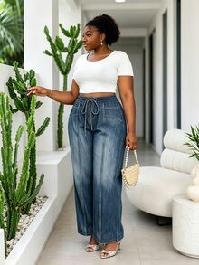 CurvyTilda Plus Size Casual Capsule Printed Pants Bussines Light Blue Autumn Hawaii Vacation - Blue - View 5