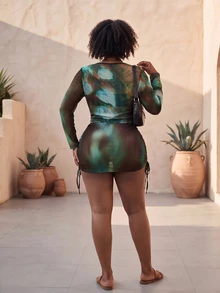 CurvyTilda Plus Size Y2K Sexy Vintage Vacation Set, Retro Leopard Print Floral Mesh Print Set, Tube Top, Drawstring Skirt, Cover-Up 3-Piece Set, Summer Brown - Multicolor - View 2