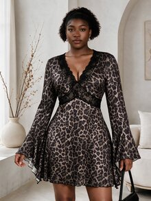 CurvyTilda Plus Size Retro Sexy Millennial Style Y2K Urban Modern Avant-Garde Bold Fashion Personalized Leopard Print V-Neck Lace Patchwork Bell Sleeve Dress - Brown - View 1