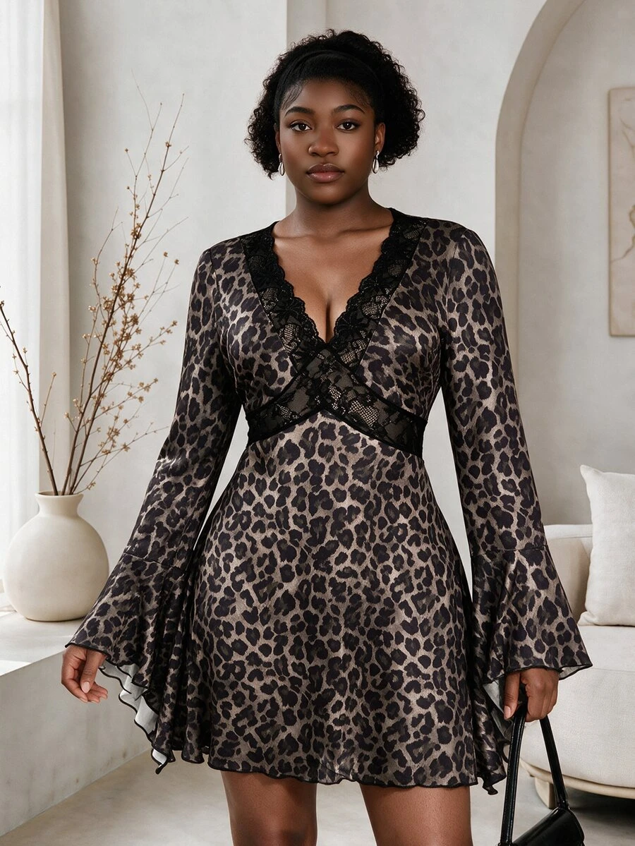 CurvyTilda Plus Size Retro Sexy Millennial Style Y2K Urban Modern Avant-Garde Bold Fashion Personalized Leopard Print V-Neck Lace Patchwork Bell Sleeve Dress - Brown - View 1