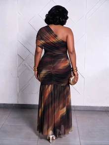 CurvyTilda Elegant Sexy Women Mesh Maxi Dress One Shoulder Long Party Cocktail Dinner Gown With Abstract Print And Ruched Detail Autumn Black And Gold - Multicolor - View 2