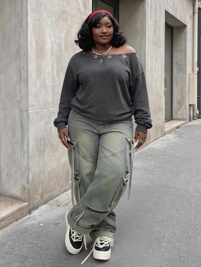 CurvyTilda Büyük Beden Kadın Y2K Sokak Stili Günlük Pamuklu Asimetrik Omuzlu Kuşgözlü Uzun Kollu Gri Yıkamalı Sweatshirt, Sonbahar Kış Dışarı Çıkma ve Cadılar Bayramı İçin