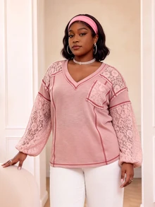 CurvyTilda بلوزة رياضية طويلة الأكمام للنساء بمقاسات كبيرة، بياقة على شكل حرف V، مع رقعات من الدانتيل، كاجوال للاستخدام اليومي، للخريف - وردي - مشاهدة 1