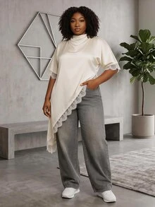 CurvyTilda بلوزة نسائية مقاس كبير من الساتان مع حافة دانتيل غير متماثلة، مناسبة لحفلات العشاء والتسوق - أبيض - مشاهدة 1