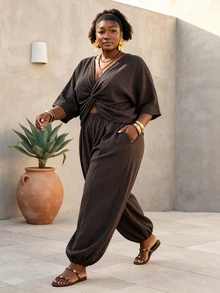 CurvyTilda 2026 Spring/Summer Women's Plus Size New Bold, Classy Feminine Style Tummy Control Fit Breathable Elegant Romantic Classic Brown Front Twist Short Sleeve Cropped Top And Tapered Pants Set - Brown - View 1