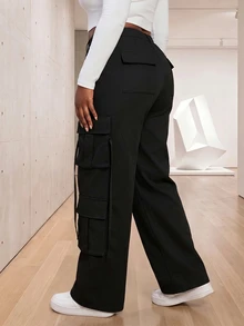 CurvyTilda Plus Size Solid Color Casual Pants Fall - Black - View 2