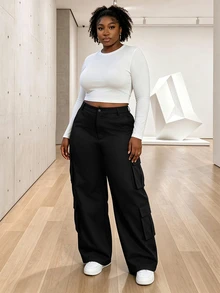 CurvyTilda Plus Size Solid Color Casual Pants Fall - Black - View 3