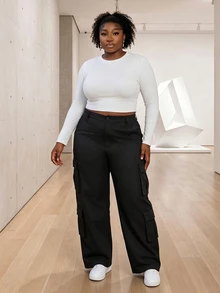 CurvyTilda Plus Size Solid Color Casual Pants Fall - Black - View 4