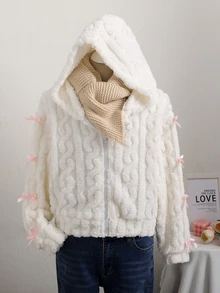 SHEIN Tween女孩夾克外套，長袖，抓絨，秋冬毛絨面料開襟衫，蝴蝶結裝飾袖口，校園社團白色可愛Y2K牛仔女孩學生風 - 白色 - 查看 8