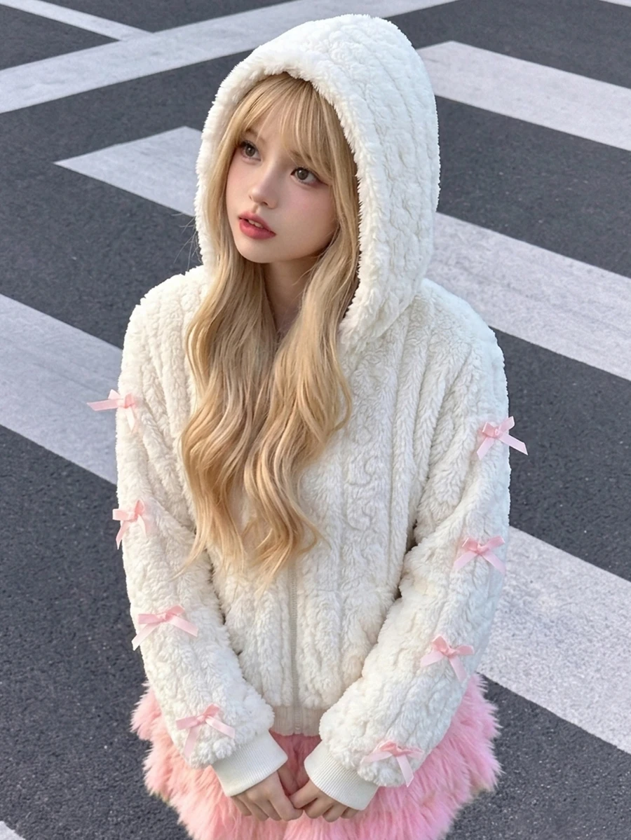 SHEIN Tween女孩夾克外套,長袖,抓絨,秋冬毛絨面料開襟衫,蝴蝶結裝飾袖口,校園社團白色可愛Y2K牛仔女孩學生風 - 白色 - 查看 1