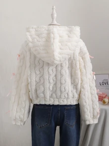 SHEIN Tween女孩夾克外套，長袖，抓絨，秋冬毛絨面料開襟衫，蝴蝶結裝飾袖口，校園社團白色可愛Y2K牛仔女孩學生風 - 白色 - 查看 2