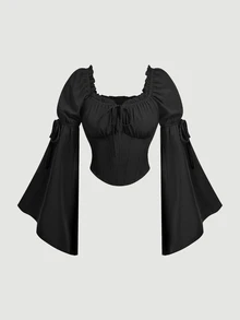SHEIN MOD Women's Elegant Vintage Solid Color Bell Sleeve Blouse,Side-Slit Design On The Sleeves, Fall Clothes ,Casual ,Halloween Picnic Holiday Party - Black - View 5