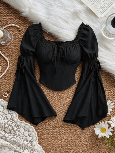 SHEIN MOD Blusa elegante vintage de unicolor con mangas de campana para mujer, diseño de abertura lateral en las mangas, ropa de otoño, casual, fiesta de Halloween, picnic, vacaciones