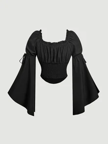 SHEIN MOD Women's Elegant Vintage Solid Color Bell Sleeve Blouse,Side-Slit Design On The Sleeves, Fall Clothes ,Casual ,Halloween Picnic Holiday Party - Black - View 4