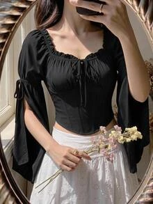 SHEIN MOD Women's Elegant Vintage Solid Color Bell Sleeve Blouse,Side-Slit Design On The Sleeves, Fall Clothes ,Casual ,Halloween Picnic Holiday Party - Black - View 8