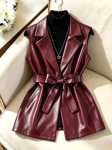 GlowEve CURVE Plus Size Vintage Red PU Vest Designed For Spring And Autumn; Features An Plus Size Collar Design And A Waist Belt That Can Be Tightened To Achieve An Excellent Slimming Effect. The Sleeveless Design Offers Great Flexibility, Making It Easy To Create A Fashionable And Layered Look. - Burgundy - View 7