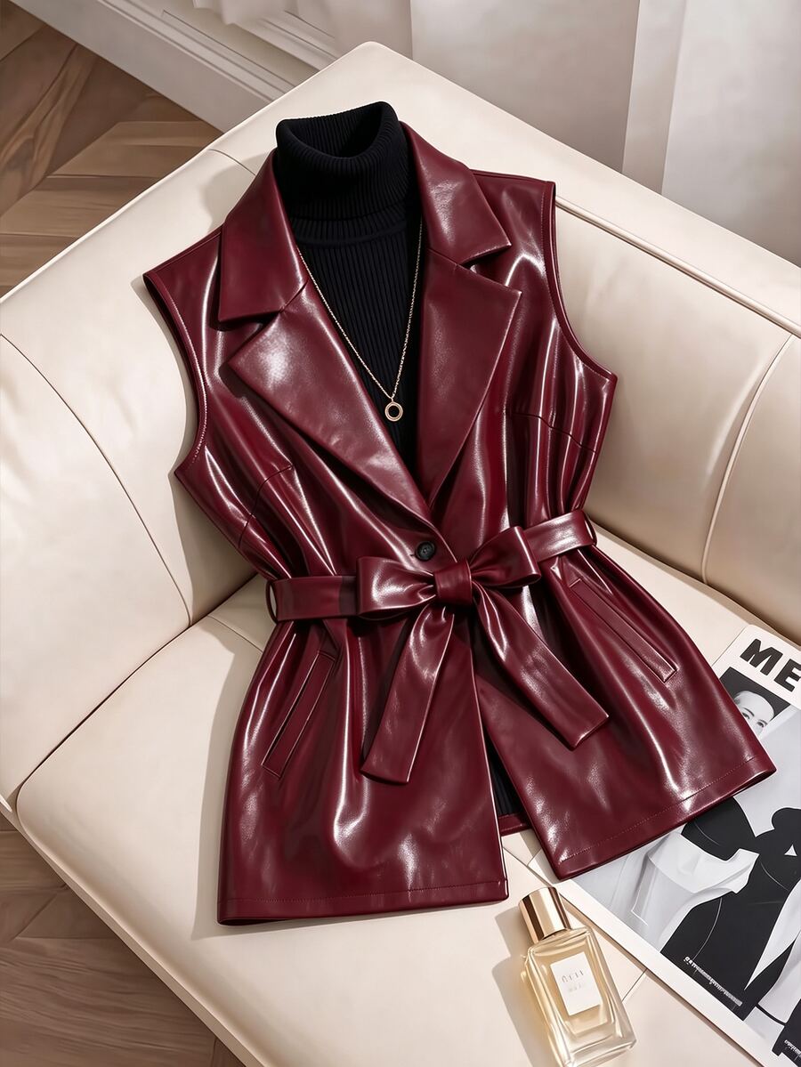 GlowEve CURVE Plus Size Vintage Red PU Vest Designed For Spring And Autumn; Features An Plus Size Collar Design And A Waist Belt That Can Be Tightened To Achieve An Excellent Slimming Effect. The Sleeveless Design Offers Great Flexibility, Making It Easy To Create A Fashionable And Layered Look. - Burgundy - View 1