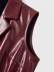 GlowEve CURVE Plus Size Vintage Red PU Vest Designed For Spring And Autumn; Features An Plus Size Collar Design And A Waist Belt That Can Be Tightened To Achieve An Excellent Slimming Effect. The Sleeveless Design Offers Great Flexibility, Making It Easy To Create A Fashionable And Layered Look. - Burgundy - View 5