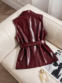 GlowEve CURVE Plus Size Vintage Red PU Vest Designed For Spring And Autumn; Features An Plus Size Collar Design And A Waist Belt That Can Be Tightened To Achieve An Excellent Slimming Effect. The Sleeveless Design Offers Great Flexibility, Making It Easy To Create A Fashionable And Layered Look. - Burgundy - View 2