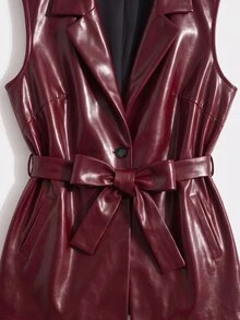 GlowEve CURVE Plus Size Vintage Red PU Vest Designed For Spring And Autumn; Features An Plus Size Collar Design And A Waist Belt That Can Be Tightened To Achieve An Excellent Slimming Effect. The Sleeveless Design Offers Great Flexibility, Making It Easy To Create A Fashionable And Layered Look. - Burgundy - View 6