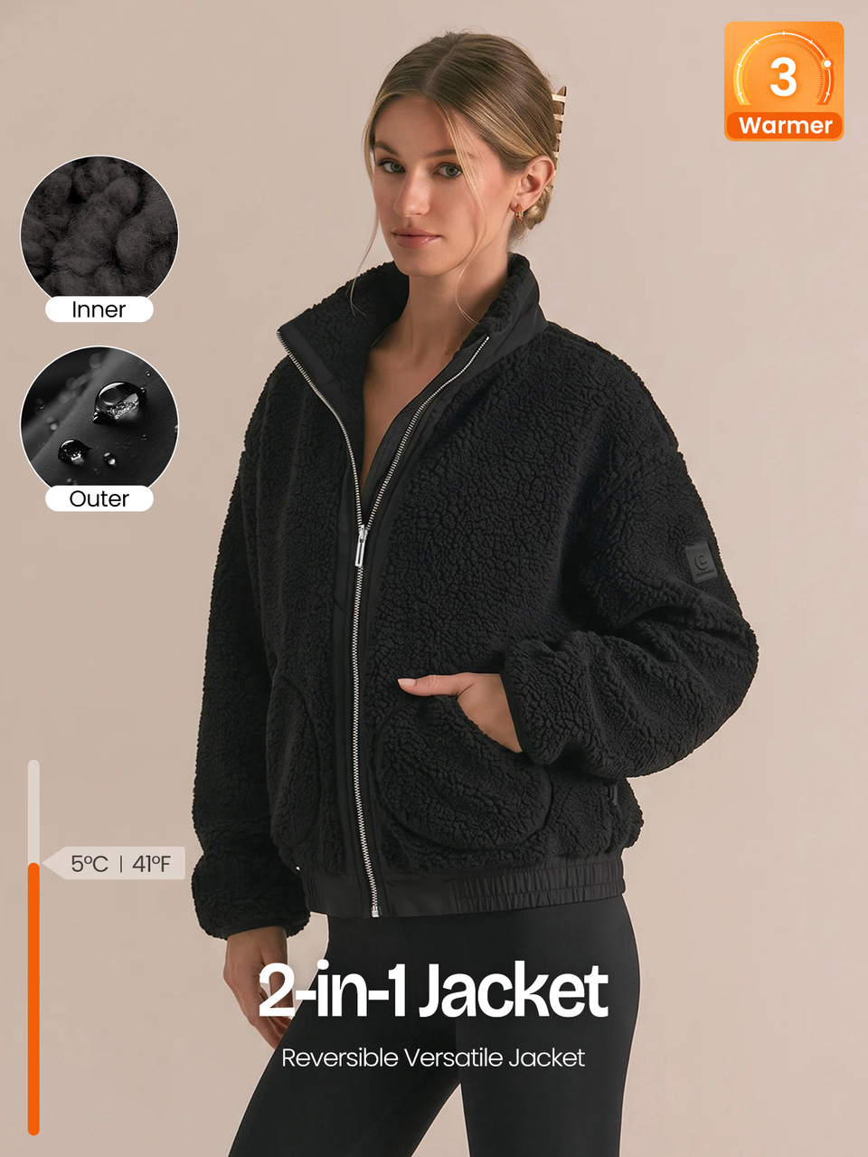 Double Take Reversible Fleece Jacket With Water-Resistant Woven Side, High Neck & Metallic Zip Daily Casual Outdoor Fall Winter Wear