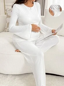 Slowluna Maternity Solid Color Round Neck Bell Sleeve T-Shirt And Adjustable Waist Long Pants Nursing 2 Pieces Set Fall - White - View 7