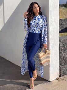 Swim Mulvari 2026SS Spring/Summer New Blue Floral Navy Blue White Porcelain Pattern High-End Elegant Modest Vacation Beach Vacation Seaside Casual Women's Burkini - Multicolor - View 2