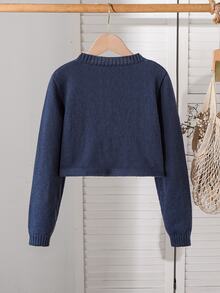Cardigan Pendek Kasual Serbaguna Warna Biru Tua untuk Remaja Perempuan, Cocok untuk Musim Gugur dan Musim Dingin - Navy Blue - View 2