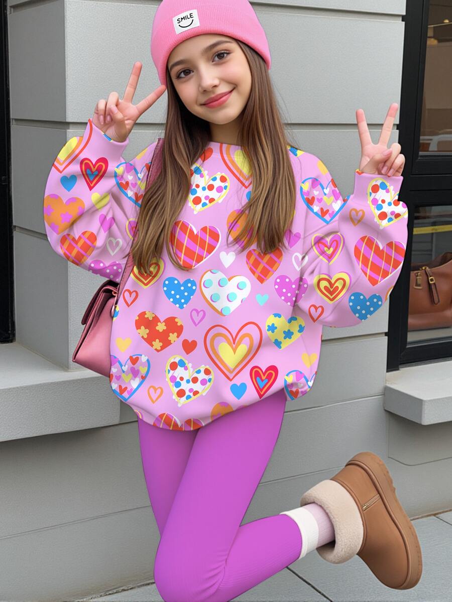 Tween女孩休閒極簡可愛愛心圖案,甜奶油風,圓領抓絨衛衣與鬆緊腰長褲套裝,適合秋冬保暖,Kawaii舒適秋冬風,情人節,Y2K - 彩色 - 查看 1
