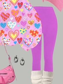 Tween女孩休閒極簡可愛愛心圖案，甜奶油風，圓領抓絨衛衣與鬆緊腰長褲套裝，適合秋冬保暖，Kawaii舒適秋冬風，情人節，Y2K - 彩色 - 查看 3