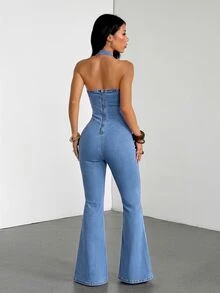 SHEIN Tall Jumpsuit Denim Model Halter Neck untuk Wanita, Pakaian Kasual Sehari-hari - Light Wash - View 2