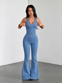 SHEIN Tall Jumpsuit Denim Model Halter Neck untuk Wanita, Pakaian Kasual Sehari-hari - Light Wash - View 3
