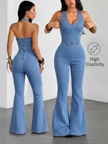 SHEIN Tall Jumpsuit Denim Model Halter Neck untuk Wanita, Pakaian Kasual Sehari-hari - Light Wash - View 1