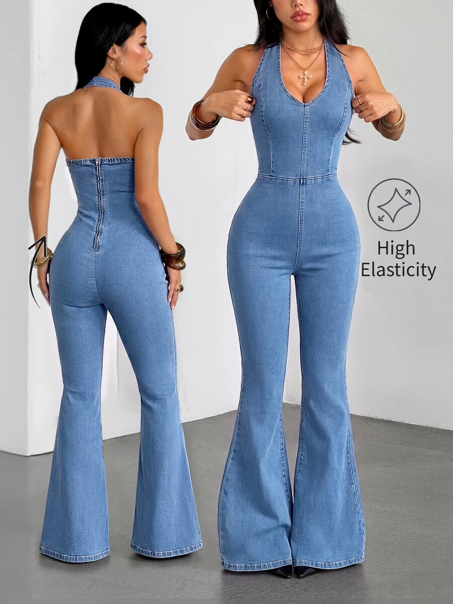 SHEIN Tall Jumpsuit Denim Model Halter Neck untuk Wanita, Pakaian Kasual Sehari-hari - Light Wash - View 1
