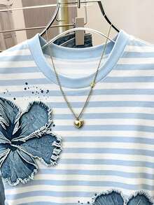 Resyla 夏季出遊上衣 女款收腰 T-shirt 藍色條紋花卉印花圖案 設計款 休閒百搭上衣 - 彩色 - 查看 4
