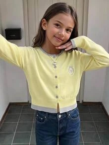 SHEIN Sparklyn Sweater Rajut Lengan Panjang Leher Bulat dengan Belahan Depan Terbuka, Bordir Hati, Warna Kontras Kuning & Abu-abu untuk Remaja Perempuan Musim Gugur/Dingin - Kuning - View 8