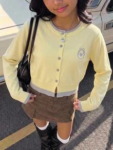 SHEIN Sparklyn Sweater Rajut Lengan Panjang Leher Bulat dengan Belahan Depan Terbuka, Bordir Hati, Warna Kontras Kuning & Abu-abu untuk Remaja Perempuan Musim Gugur/Dingin - Kuning - View 9