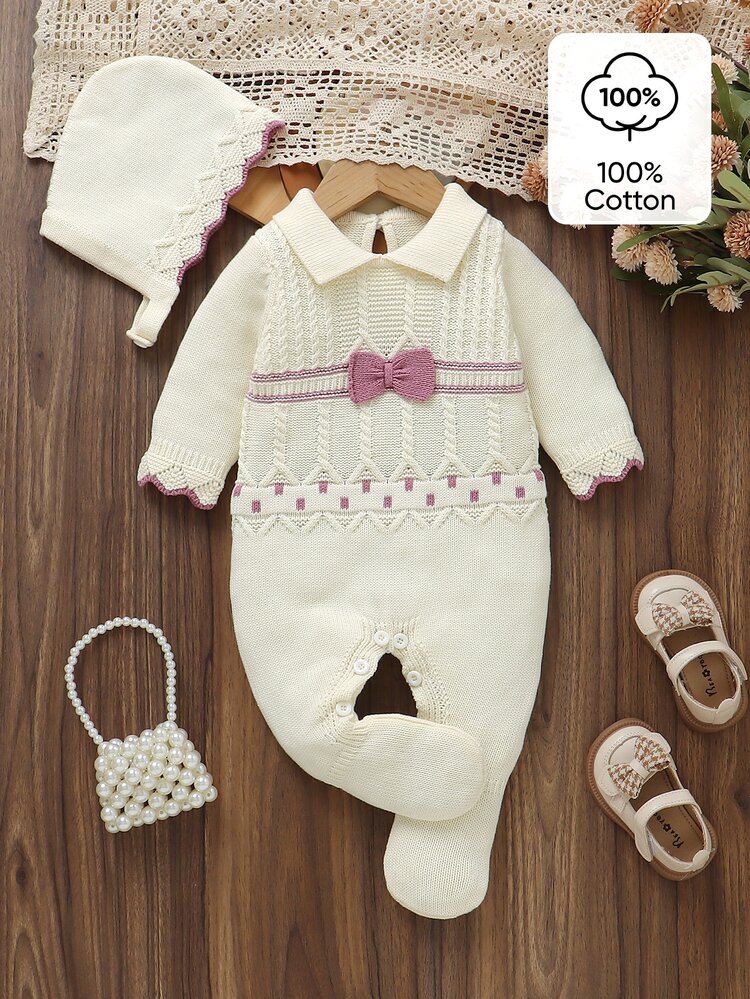 SHEIN Newborn Baby Sweater Onesies Pure Cotton Girl Pullover Knit Long Sleeve Romper Footies Knitted Hat, Autumn Winter Cable Design, White Bow - Beige - View 6