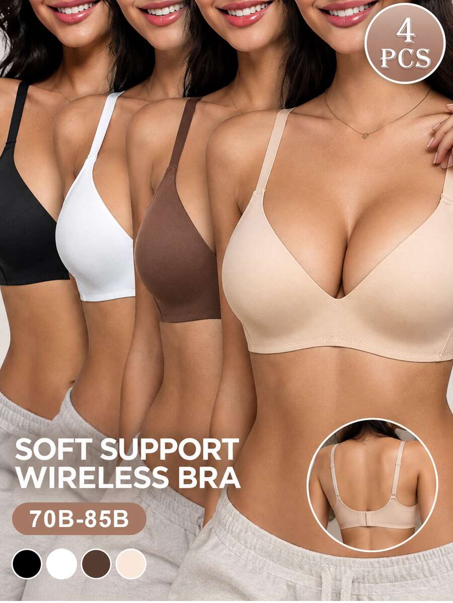 SHEIN 4pcs Soild Color Seamless Deep V Neck Wirefree Bra Soft Skin-Friendly Everyday Lingerie