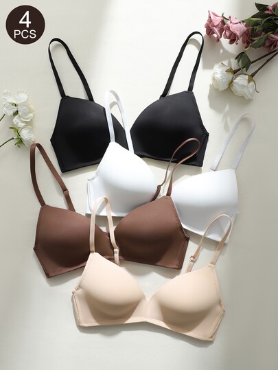 SHEIN 4pcs Soild Color Seamless Deep V Neck Wirefree Bra Soft Skin-Friendly Everyday Lingerie