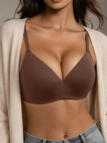 SHEIN 4pcs Soild Color Seamless Deep V Neck Wirefree Bra Soft Skin-Friendly Everyday Lingerie - Multicolor - View 5