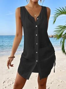 SHEIN Swim Women Solid Color V-Neck Single-Breasted Sleeveless Kimono Dress For Summer Beach Vacation - Black - View 5