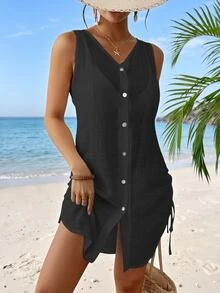 SHEIN Swim Women Solid Color V-Neck Single-Breasted Sleeveless Kimono Dress For Summer Beach Vacation - Black - View 4