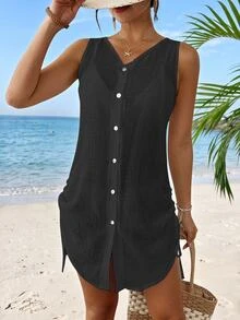 SHEIN Swim Women Solid Color V-Neck Single-Breasted Sleeveless Kimono Dress For Summer Beach Vacation - Black - View 3