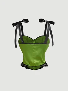 SHEIN MOD Kamisol Wanita dengan Hiasan Pita dan Hem Renda Kontras - Hijau - View 5