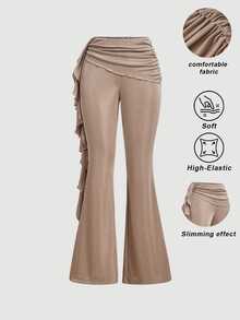 SHEIN MOD Celana Panjang Wanita Model Flare dengan Hiasan Ruffle dan Patchwork, Cocok untuk Liburan, Festival Musik, Gaya Boho, Kencan Liburan, Minum Teh Sore, Musim Panas, dan Festival Musik. - Khaki - View 1