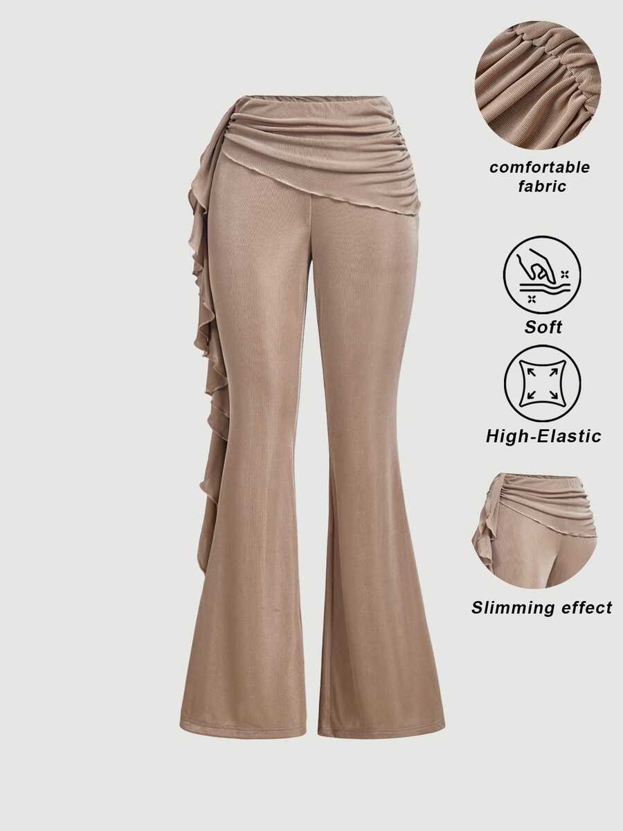SHEIN MOD Celana Panjang Wanita Model Flare dengan Hiasan Ruffle dan Patchwork, Cocok untuk Liburan, Festival Musik, Gaya Boho, Kencan Liburan, Minum Teh Sore, Musim Panas, dan Festival Musik. - Khaki - View 1
