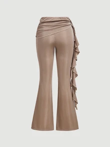 SHEIN MOD Celana Panjang Wanita Model Flare dengan Hiasan Ruffle dan Patchwork, Cocok untuk Liburan, Festival Musik, Gaya Boho, Kencan Liburan, Minum Teh Sore, Musim Panas, dan Festival Musik. - Khaki - View 4