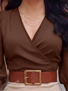 SHEIN LUNE Plus Size Fashion Criss-Cross Pleated Petal Sleeve Blouse Fall - Brown - View 3
