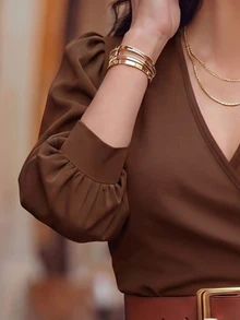SHEIN LUNE Plus Size Fashion Criss-Cross Pleated Petal Sleeve Blouse Fall - Brown - View 5